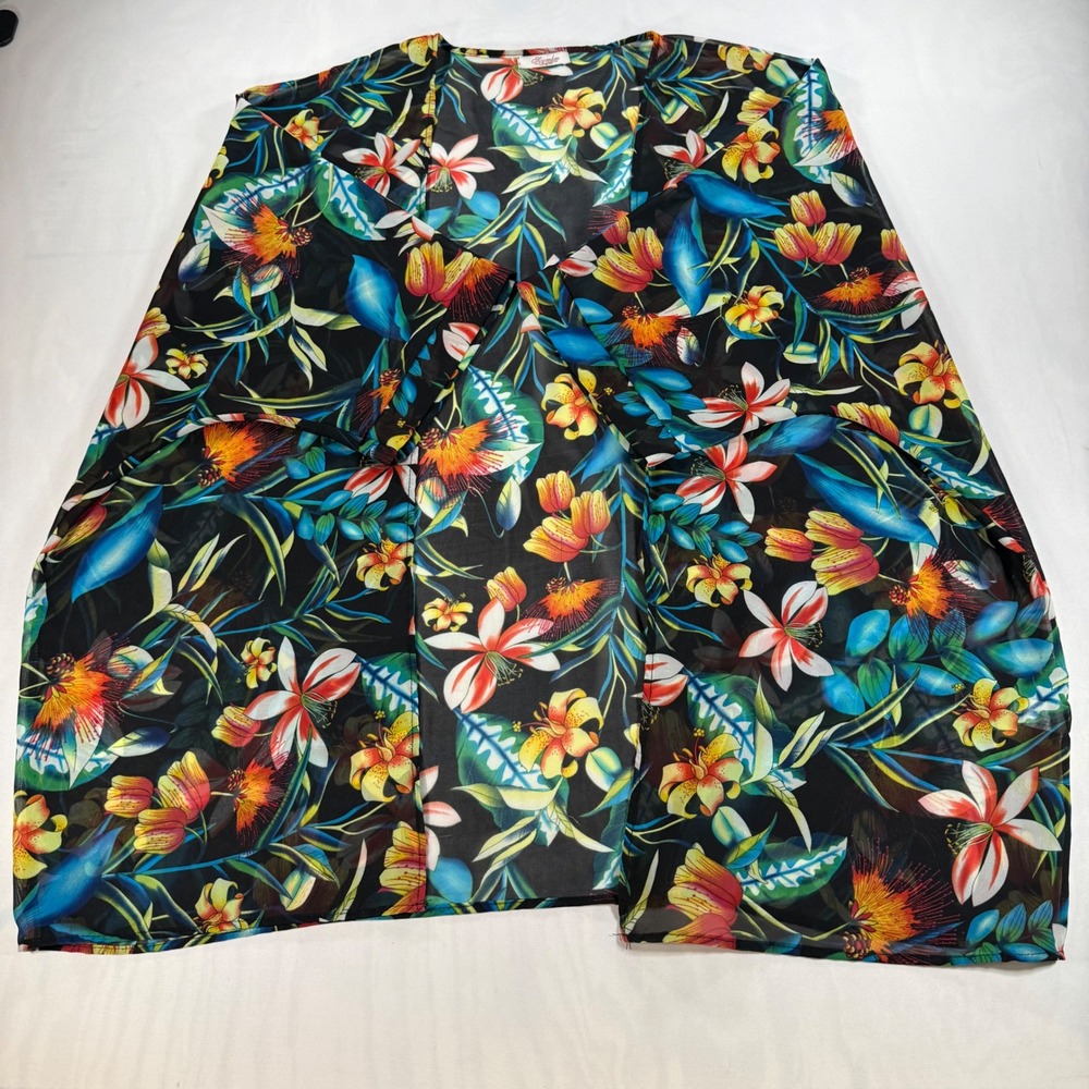 Scombro Kimono Women OS Black Tropical Floral Sheer Open Front Wrap Coverup